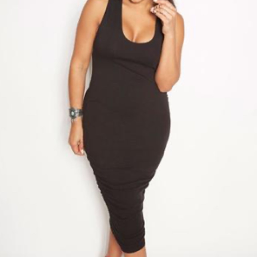 REBDOLLS RUCHED BLACK RACERBACK MIDI DRESS